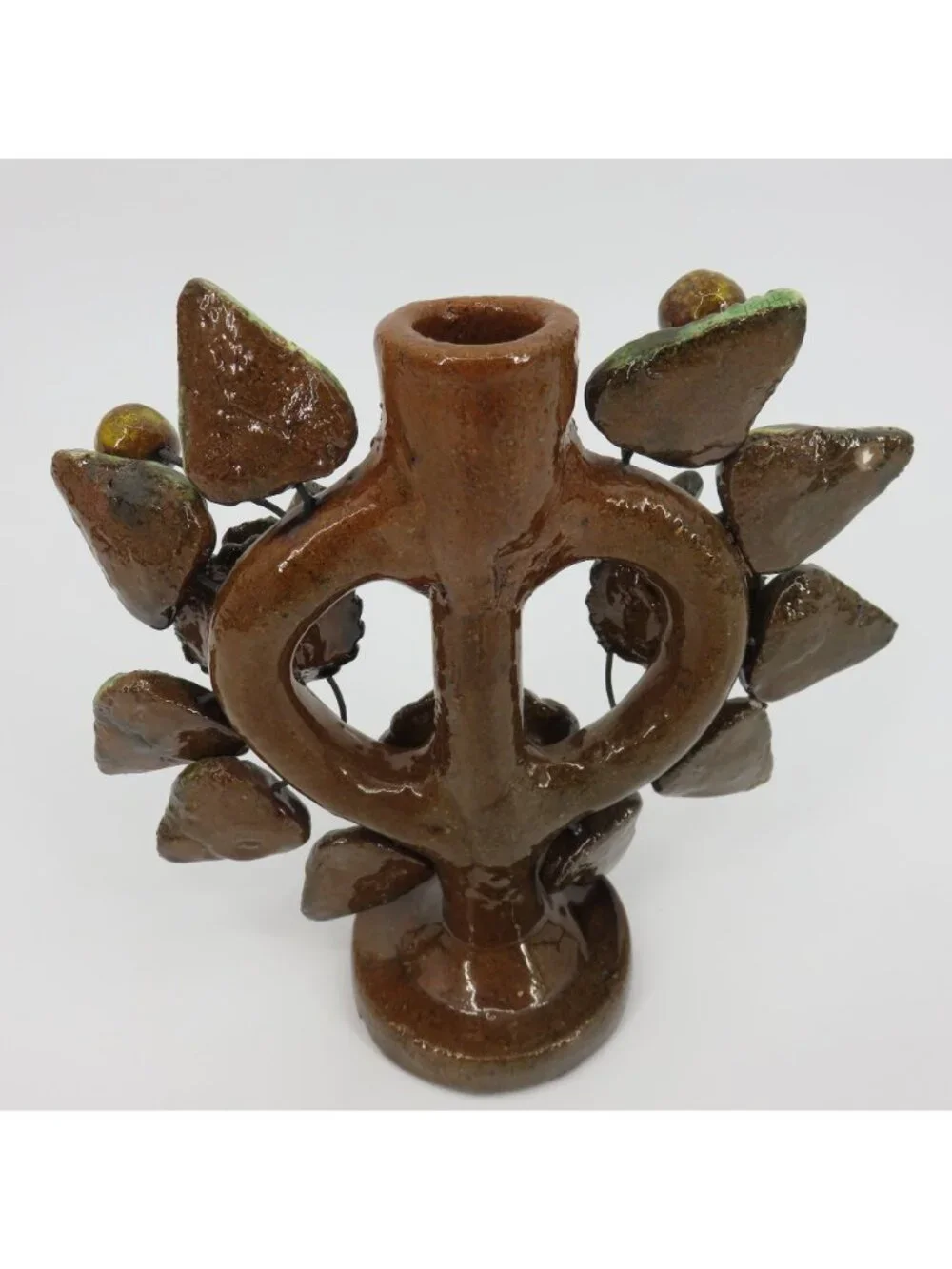 Tree Of Life Pottery Single Candleholder Candelabra Mexican Folk Art Flower Leaf
